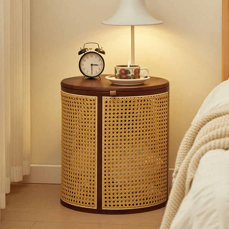 Rattan Solid Wood Round Storage Side Table