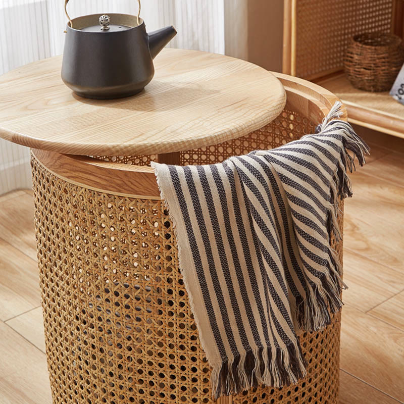 Rattan Solid Wood Round Storage Side Table