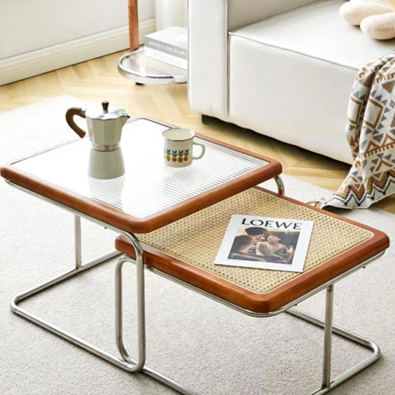 2-piece Retro Rattan-woven Foldable Coffee Table - Walnut - image 2