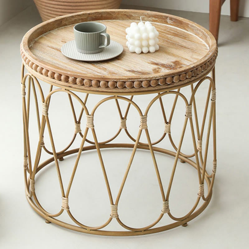 Rattan Modern Natural Wood Color Round Side Table