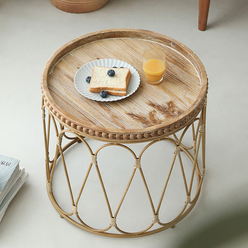 Rattan Modern Natural Wood Color Round Side Table