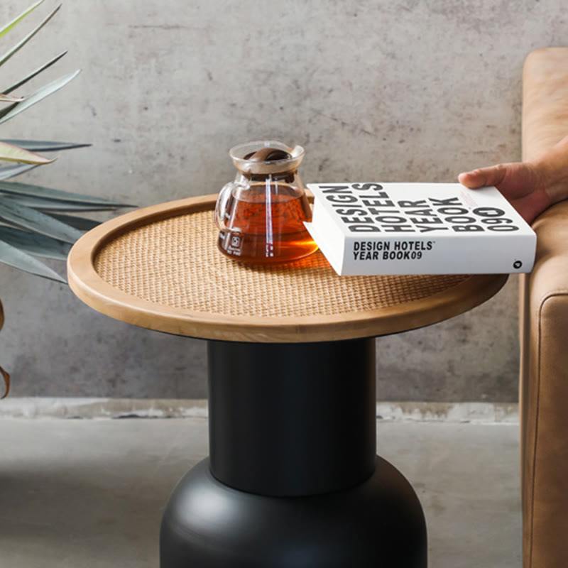 Solid Wood Round Tabletop Black Side Table