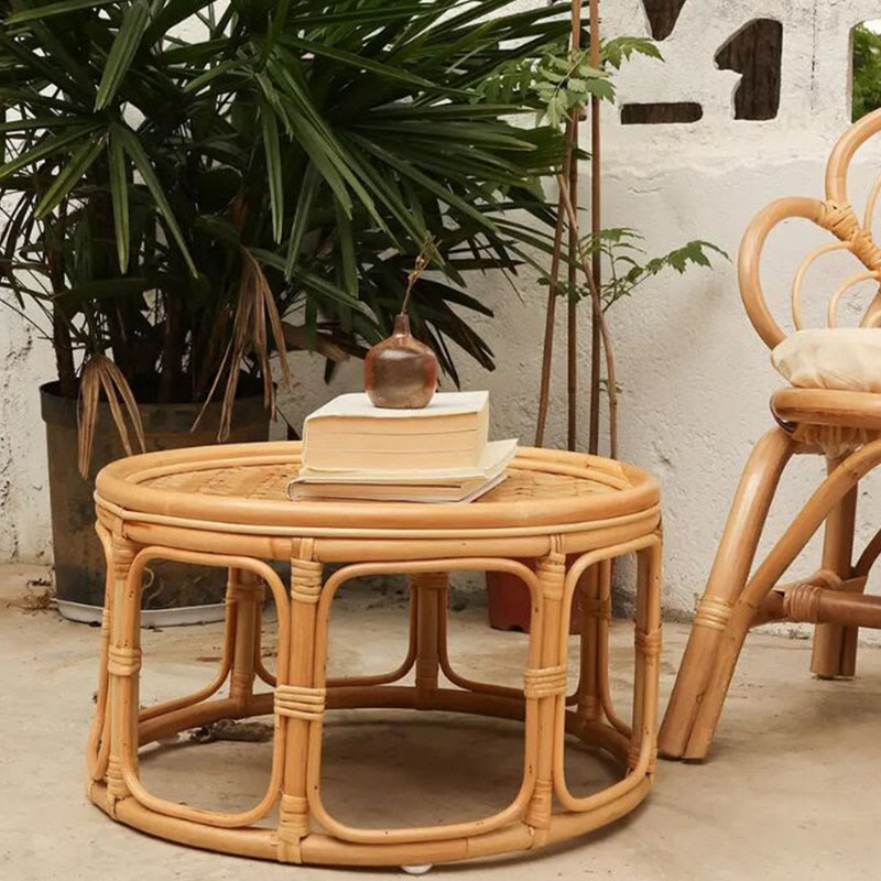 Rattan Bamboo Round Natural Wood Color Side Table - image 4