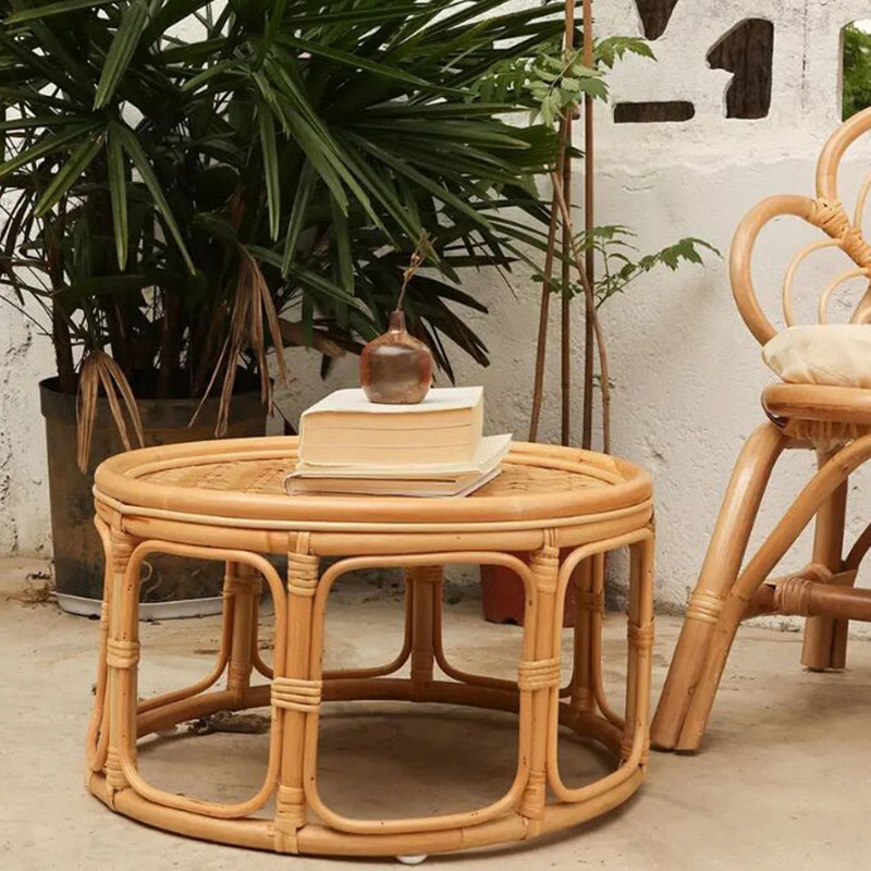 Rattan Bamboo Round Natural Wood Color Coffee Table