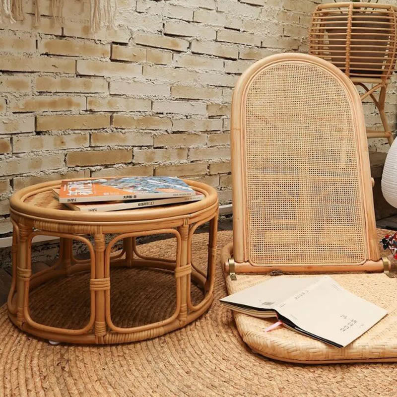 Rattan Bamboo Round Natural Wood Color Side Table