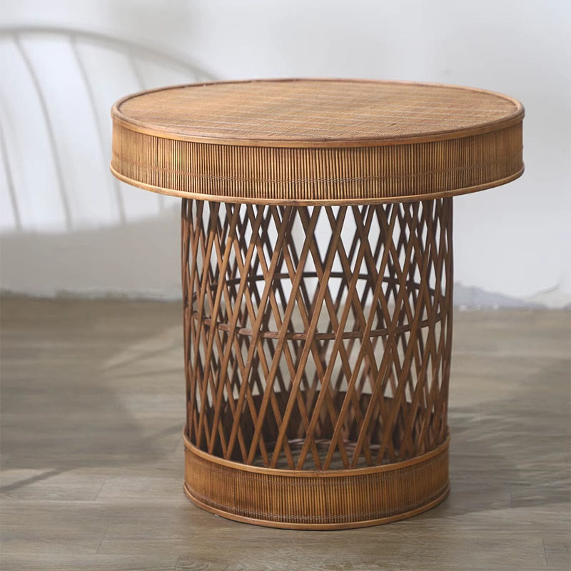 Bamboo And Rattan Woven Round Side Table