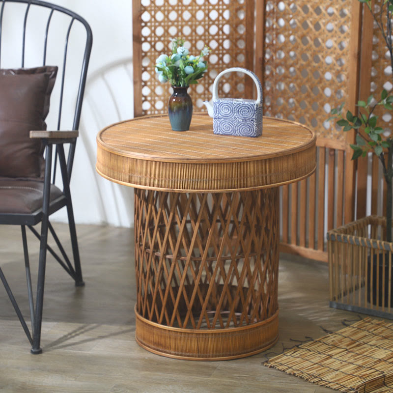 Bamboo And Rattan Woven Round Side Table