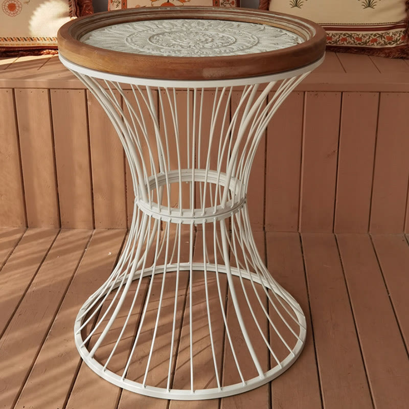 Wrought Iron Solid Wood Carved Round Side Table