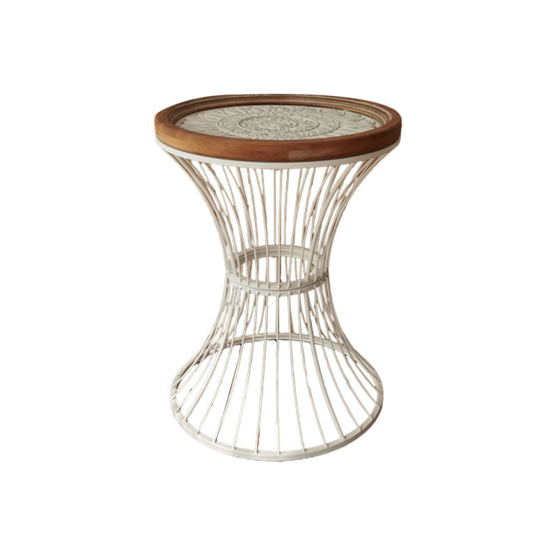Wrought Iron Solid Wood Carved Round Side Table