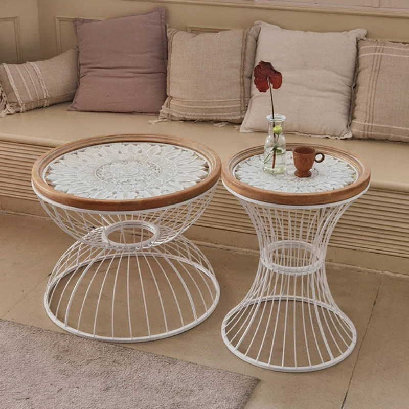 Wrought Iron Solid Wood Carved Round Side Table