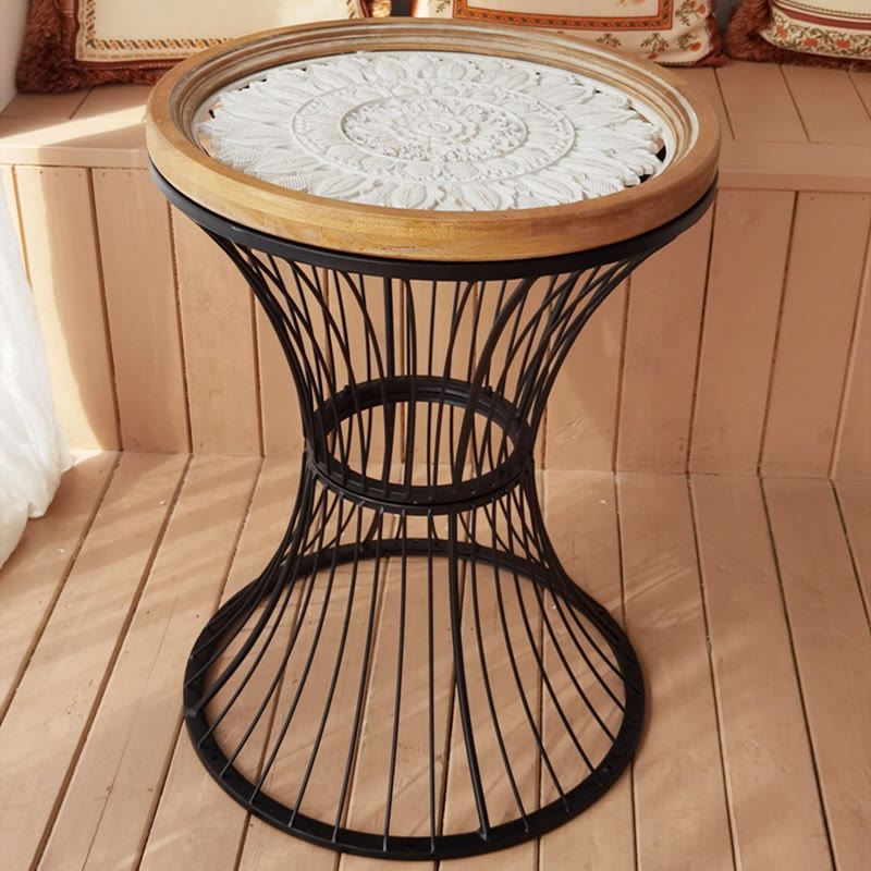 Wrought Iron Solid Wood Carved Round Coffee Table