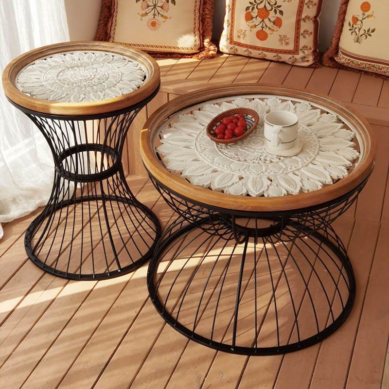 Wrought Iron Solid Wood Carved Round Coffee Table