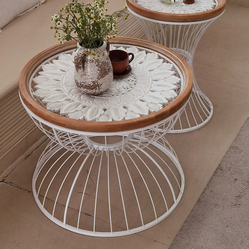 Glass Tabletop Solid Wood Carved Side Table