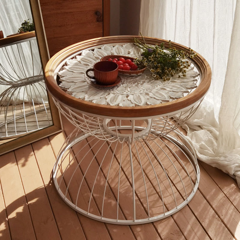 Glass Tabletop Solid Wood Carved Side Table - White - image 0