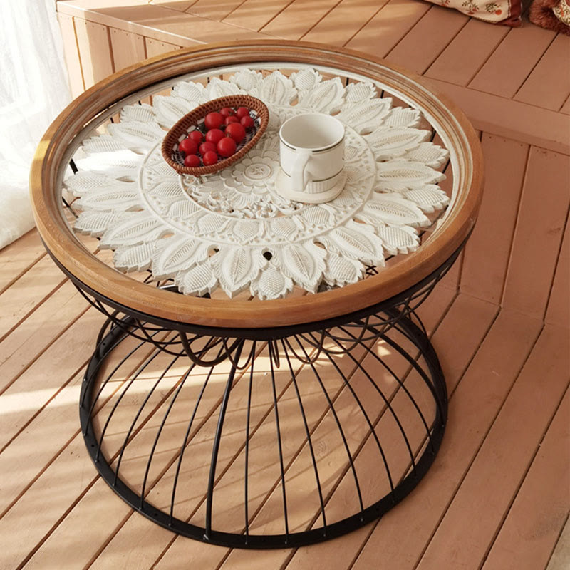 Glass Tabletop Solid Wood Carved Coffee Table