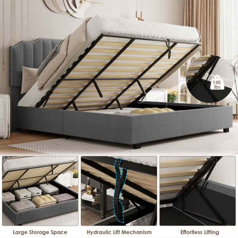 Liftable Velvet Grey Queen Size Bed - image 4