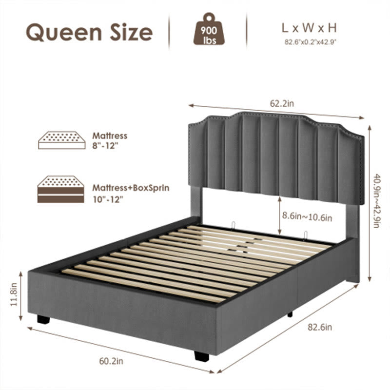 Liftable Velvet Grey Queen Size Bed