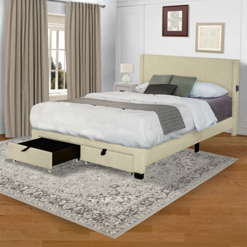 Beige Queen Size Bed With Wing Design