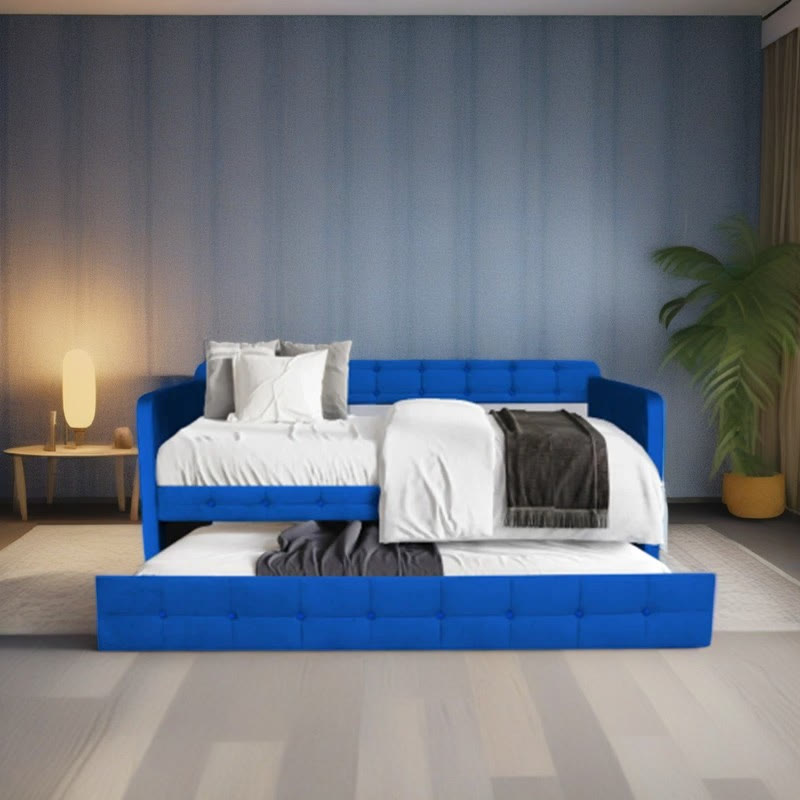 Blue Upholstered Velvet Double Sofa Bed