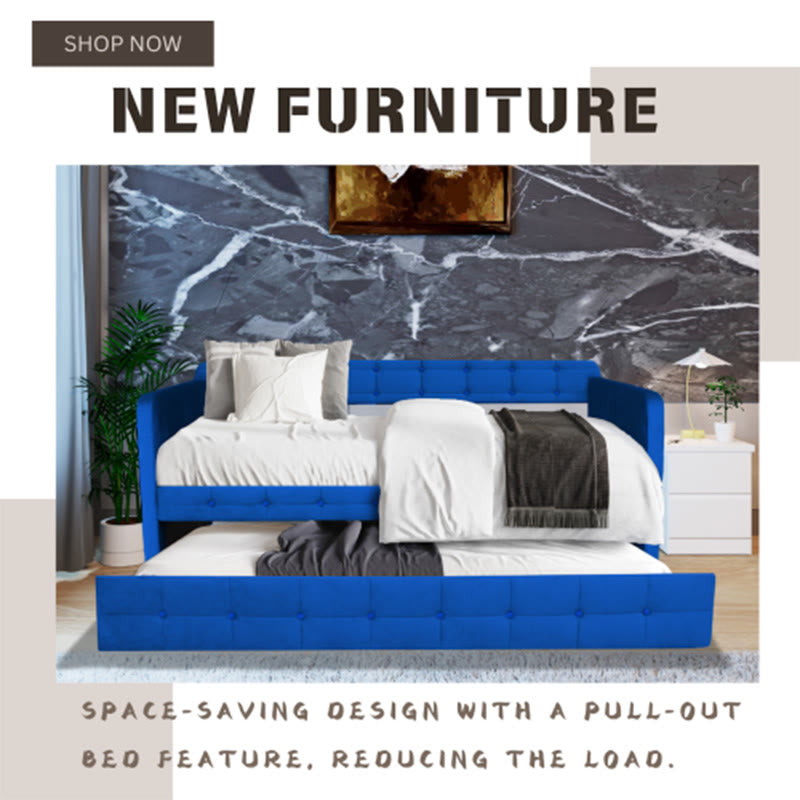 Blue Upholstered Velvet Double Sofa Bed