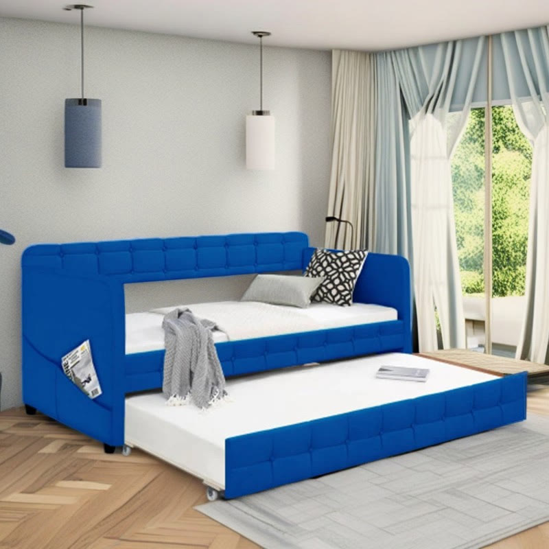 Blue Upholstered Velvet Double Sofa Bed