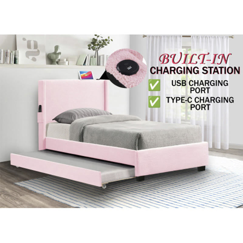 Pink Teddy Fabric Double Upholstered Bed Frame