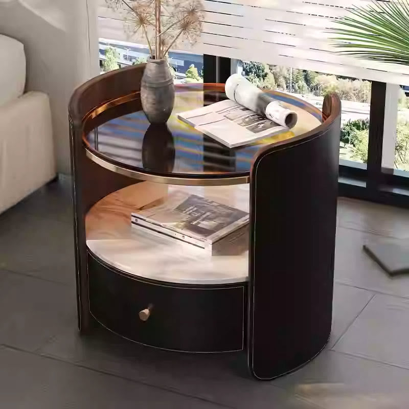Glass Countertop Saddle Leather Nightstand - 2x Black - image 3