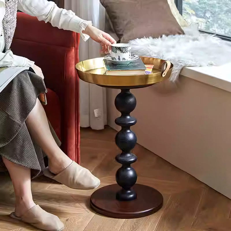 Vintage Oak Side Table with Metal Tray