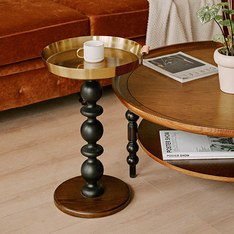 Vintage Oak Side Table with Metal Tray