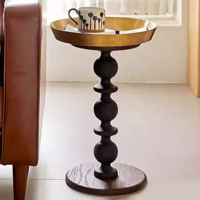 Vintage Oak Side Table with Metal Tray