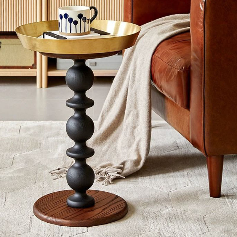 Vintage Oak Side Table with Metal Tray