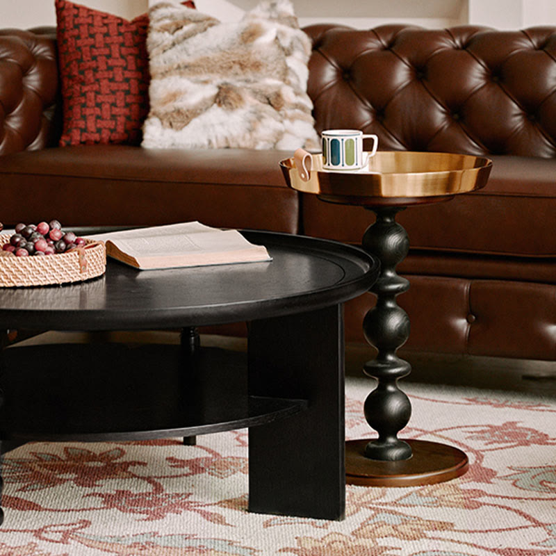 Vintage Oak Side Table with Metal Tray