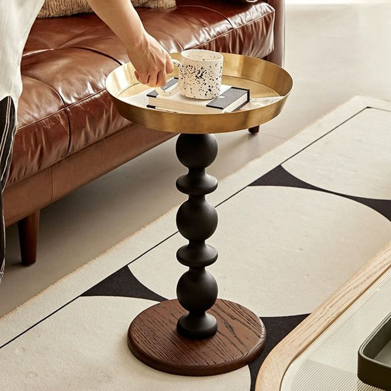 Vintage Oak Side Table with Metal Tray