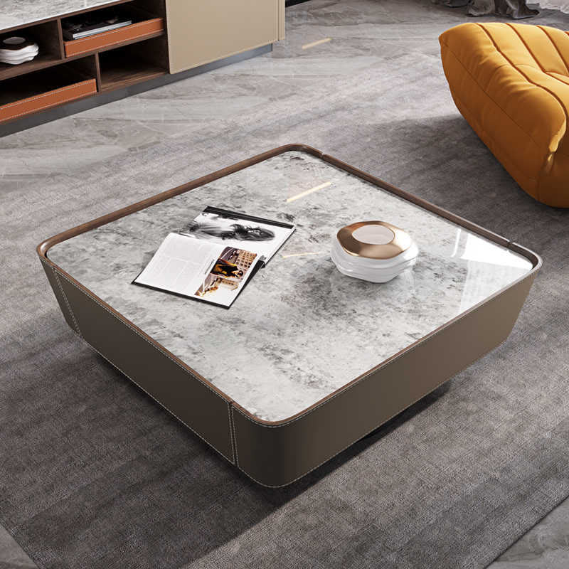 Saddle Leather Stone Top Coffee Table  - Dark Brown - image 0