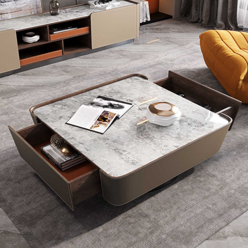 Saddle Leather Stone Top Coffee Table