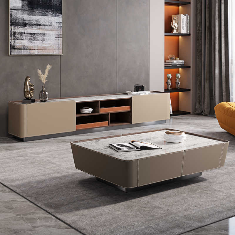 Saddle Leather Stone Top Coffee Table  - image 2