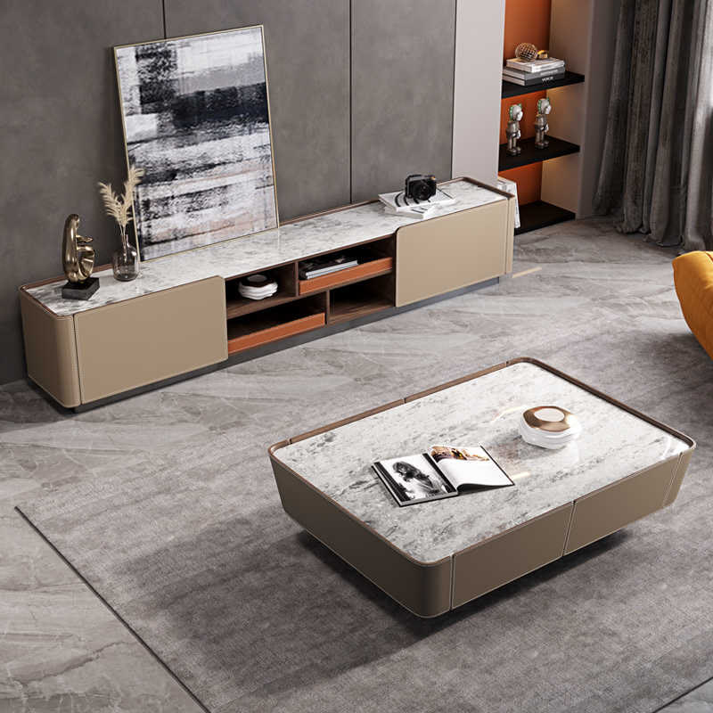 Saddle Leather Stone Top Coffee Table  - image 4