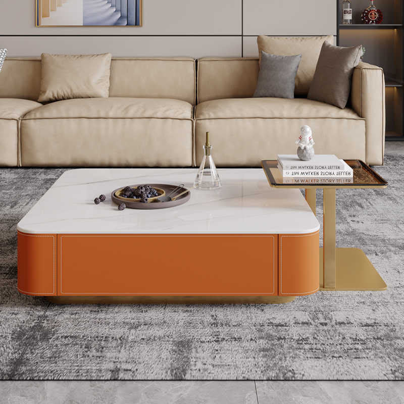 Sintered Stone Tabletop Saddle Leather Coffee Table - Orange - image 0