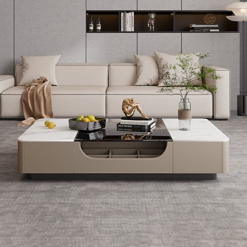 Glass Splicing Table Top Saddle Leather Coffee Table - Light Brown - image 0