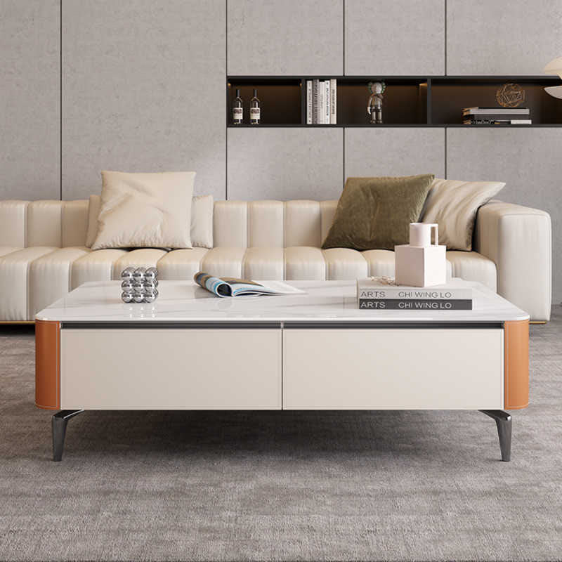 Saddle Leather Solid Wood High Coffee Table - Orange+Light Khaki - image 2