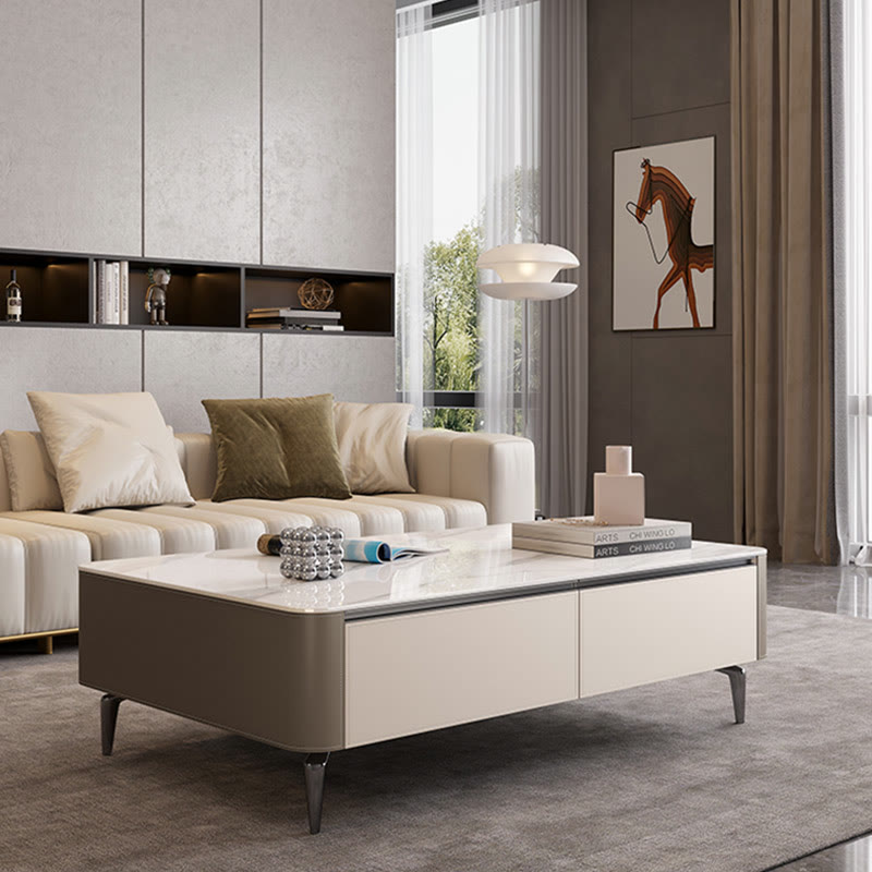 Saddle Leather Solid Wood High Coffee Table - Dark Kahki+Light Kahki - image 6