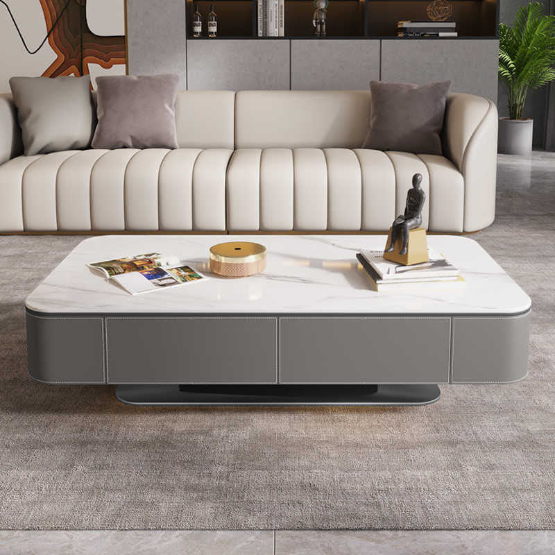 Saddle Leather Coffee Table With Stainless Steel Base - Grey - image 0