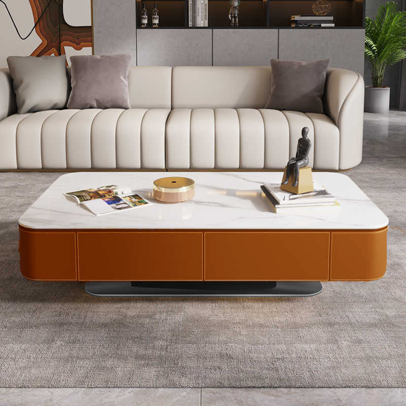 Saddle Leather Coffee Table With Stainless Steel Base