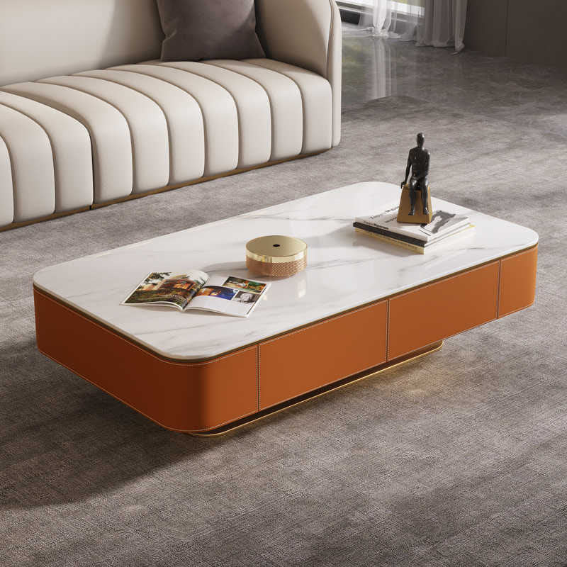 Saddle Leather Coffee Table With Stainless Steel Base