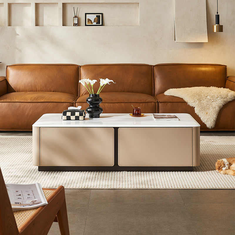 Saddle Leather Coffee Table With Storage - Khaki - image 0