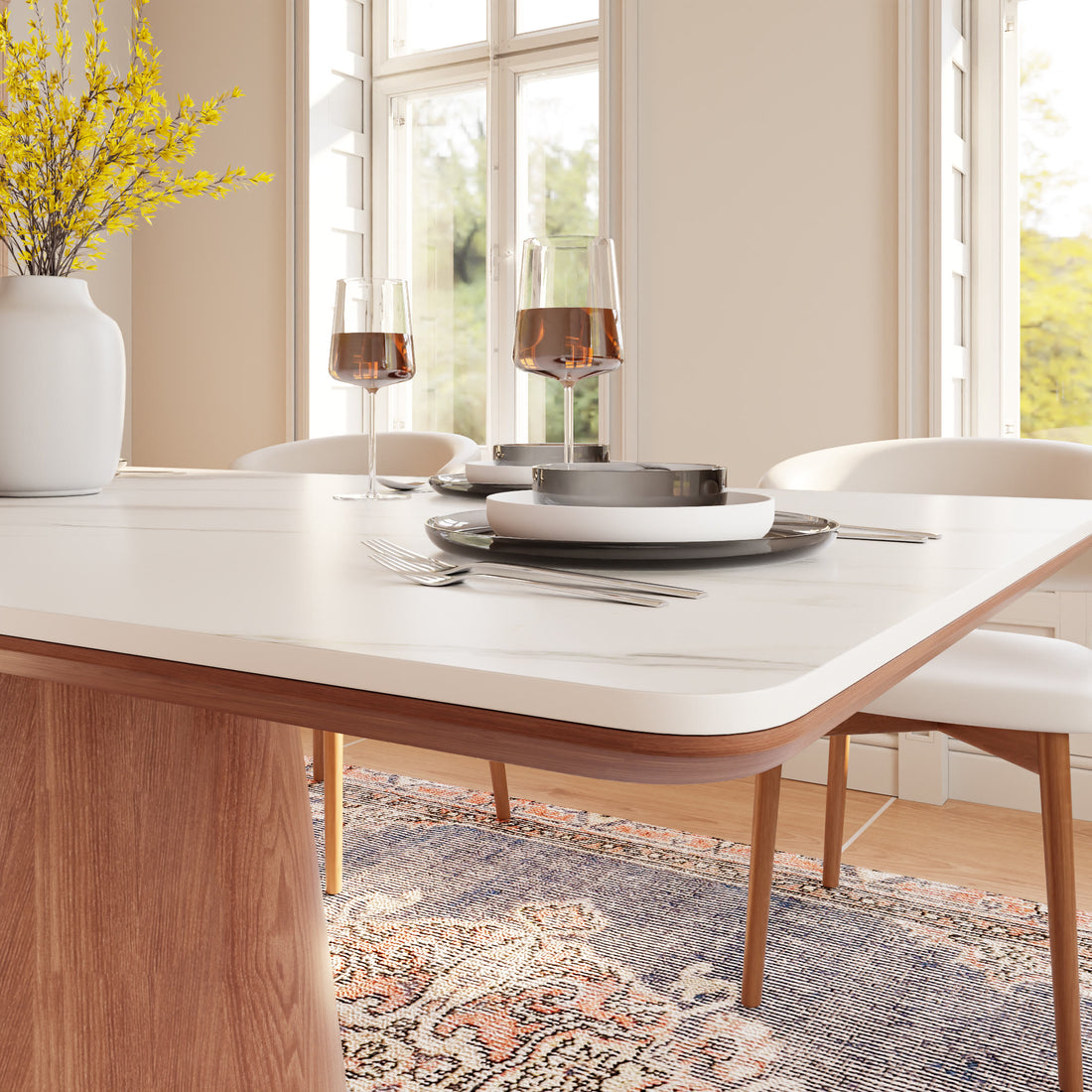 Square Stone Slab Dining Table With Solid Wood Base