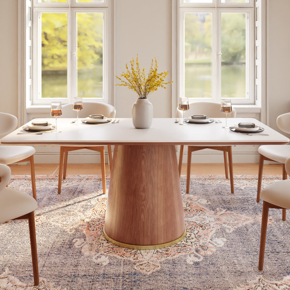 Square Stone Slab Dining Table With Solid Wood Base