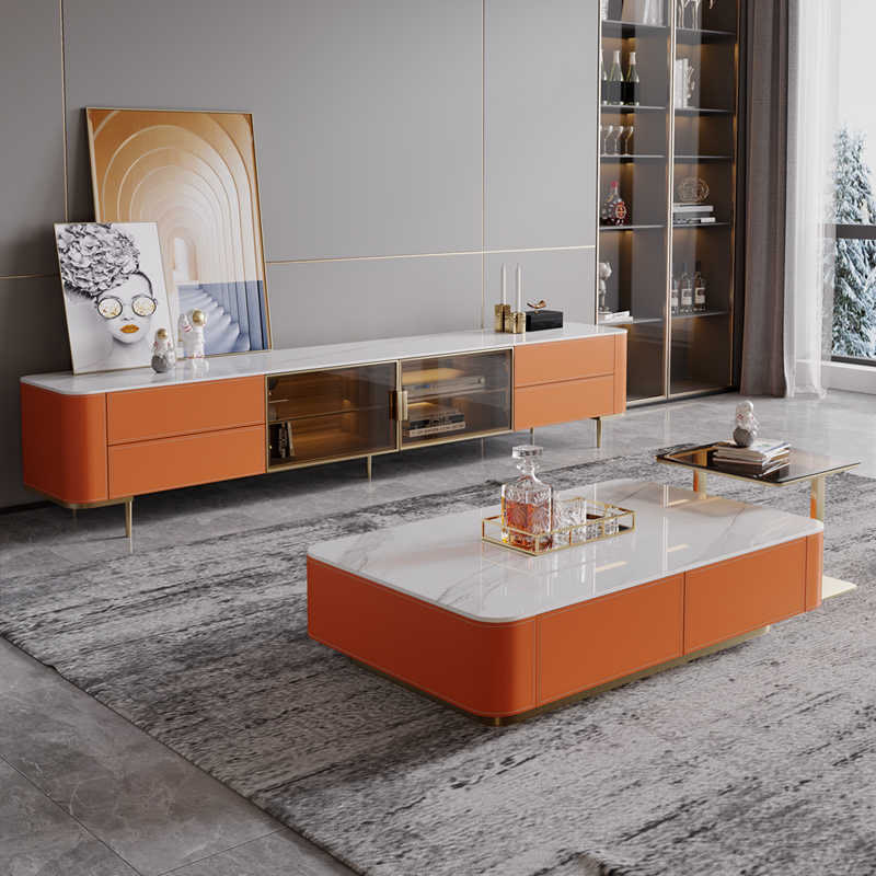 Slate Tabletop Saddle Leather TV Stand With Glass Door