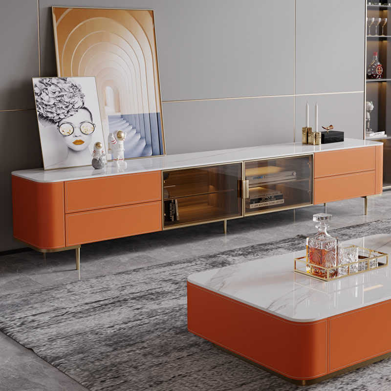 Slate Tabletop Saddle Leather TV Stand With Glass Door - image 3