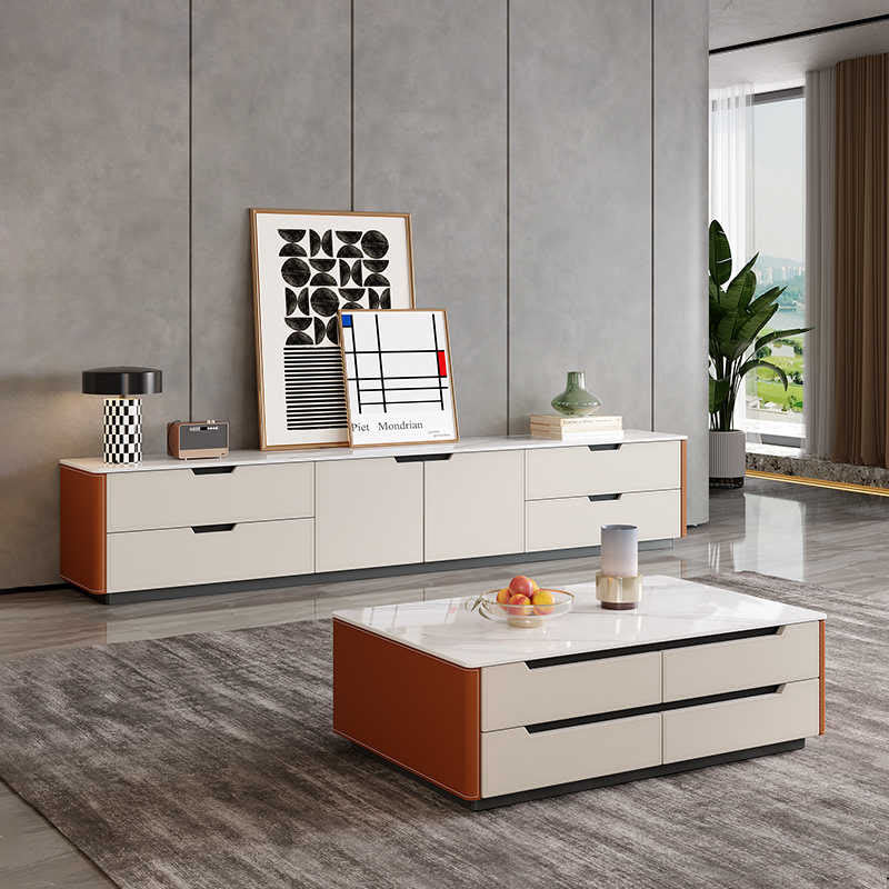 Saddle Leather TV Stand With Drawers - Beige+Orange - image 0